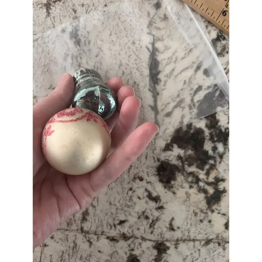 Vintage Mercury Glass Globe And Bell Christmas Ornaments Stenciled 1950s RARE